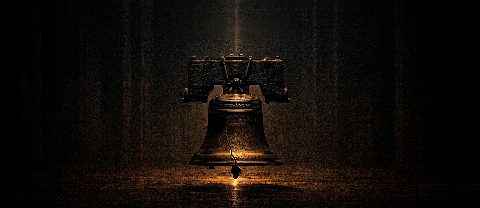 The cracked Liberty Bell illuminated in a dark chamber - GENESIS 4:24 concept artwork